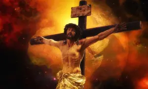 Chrystus na krzyżu, w koronie cierniowej, z krwawymi ranami. Tło kosmiczne, pełne gwiazd i mgławic, przypomina o uniwersalnym przesłaniu psalm 21.