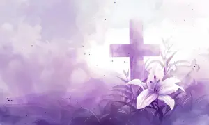 Fioletowy krzyż i lilia na tle akwarelowych chmur. Jak w psalmie 86, nadzieja rozkwita.