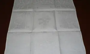 Biały korporał z haftowanym krzyżem i napisem "In Cruce Salus". Wzory geometryczne i roślinne zdobią jego brzegi.