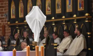 Biała tkanina unosi się nad klęczącymi duchownymi. Ceremonia bierzmowania trwa, a jej długość zależy od wielu czynników.