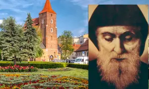 Obraz przedstawia kościół z czerwoną wieżą i kwitnący ogród. Obok portret świętego Charbela, cuda najnowsze.