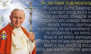 Św. Jan Paweł II z krzyżem i gołębicą, symbolem Ducha Świętego, zachęca młodzież do przyjęcia Jego mocy.