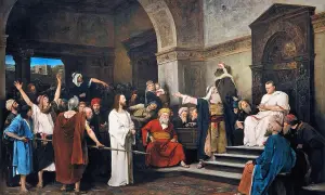 Piłat, pytany kto skazał Jezusa na śmierć, wskazuje na tłum. Jezus stoi po lewej.