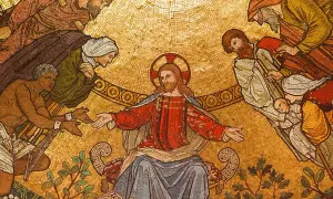 Chrystus z wyciągniętymi ramionami, otoczony ludźmi. Jeden z nich, jak niewierny Tomasz, bada ranę.