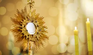 Złota monstrancja z hostią, otoczona płomieniami świec, symbolizuje nadzieję na odpust zupełny.