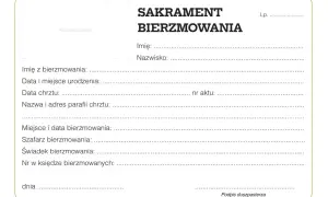 Formularz do wypełnienia: zaświadczenie o bierzmowaniu. Zawiera pola na dane osobowe, daty i miejsca chrztu oraz bierzmowania, a także dane świadka i szafarza.