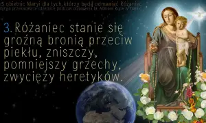 Obraz Matki Bożej z Dzieciątkiem, z różańcem, kwiatami i Ziemią.