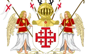 Herb z krzyżem jerozolimskim, dwoma aniołami, hełmem i koroną cierniową.