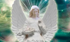 Anioł Uriel w białej szacie, z bukietem róż w dłoni, otoczony kosmicznym blaskiem.