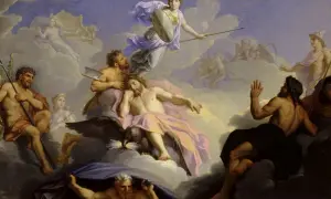 Atena bogini w hełmie i z tarczą unosi się na chmurach, otoczona przez innych bogów i postacie mitologiczne.