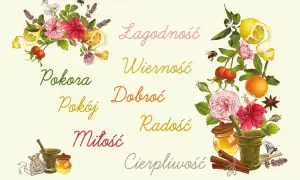 Kwiaty, owoce i pszczoły symbolizują owoce Ducha Świętego: łagodność, wierność, dobroć, pokorę, pokój, miłość, radość i cierpliwość.