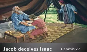 Ojciec Ezawa i Jakuba, Izaak, leży w łóżku, gdy Jakub klęczy przy nim. Rebeka obserwuje zza zasłony.