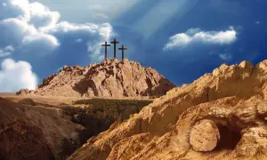 Golgota, miejsce, gdzie ukrzyżowano Jezusa, z trzema krzyżami na szczycie góry i pustym grobem u podnóża.