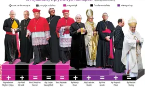 Biskupi polscy w barwnych szatach, od lewej: Abp Migliore, Abp Michalik, Kard. Dziwisz, Abp Głódź, Kard. Nycz, Bp Hoser, Abp Budzik, Bp Jarecki, Bp Polak, Bp Mering.