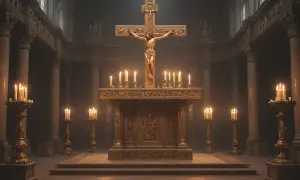 Wnętrze kościoła z ołtarzem, na którym widnieje krucyfiks. Wokół płoną świece, tworząc mistyczną atmosferę.