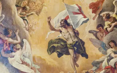 Jezus, wskrzeszony przez Jezusa, triumfalnie unosi sztandar z krzyżem, otoczony przez chóry aniołów.
