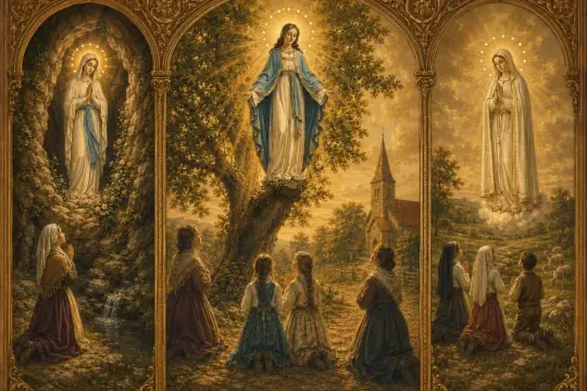 Objawienie Matki Boskiej w Lourdes i Fatimie. Dzieci klęczą w modlitwie przed Maryją, która ukazuje się w jaskini, na drzewie i nad pastwiskiem.