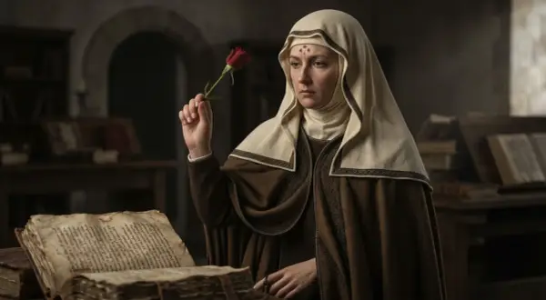 Święta Rita patronka w habicie, z różą w dłoni, przy księdze.