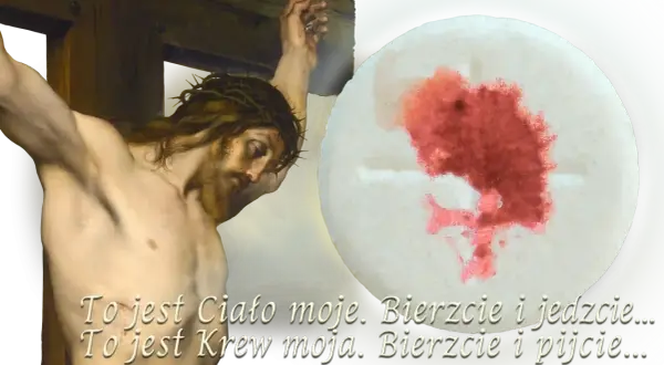 Obraz przedstawia ukrzyżowanego Jezusa i opłatek z krwią. Pamiętaj, by dzień święty święcić.