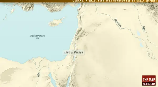 Mapa starożytnego Bliskiego Wschodu z zaznaczonym Kanaanem, Morzem Śródziemnym, Nilem, Eufratem i Tygrysem.
