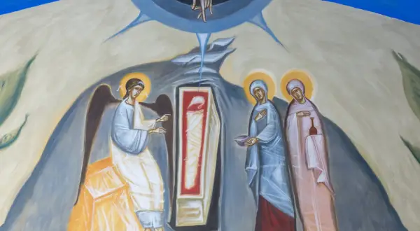 Ikona przedstawia zmartwychwstanie Chrystusa. Anioł oznajmia kobietom, że Jezus żyje, a nie jak zginęli apostołowie.