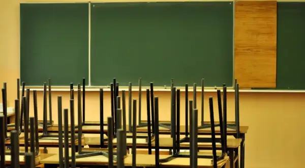 Puste krzesła odwrócone na ławkach w sali lekcyjnej. Cisza i spokój, kiedy jest przerwa świąteczna wielkanocna.