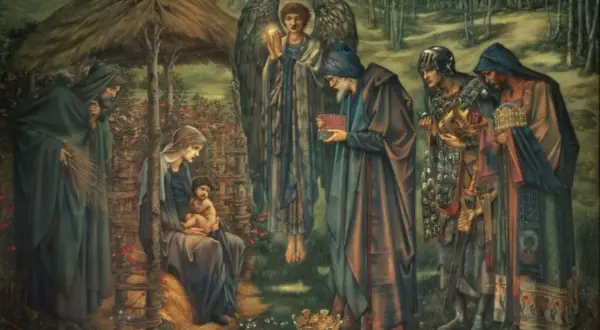 Narodziny Jezusa. Trzej królowie składają dary, anioł błogosławi, a Maryja tuli Dzieciątko.