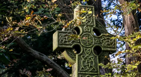 Kamienny krzyż celtycki z misternymi wzorami, otoczony jesiennymi liśćmi i gałęziami drzew.