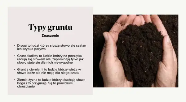 Dłonie trzymają ziemię, symbolizującą przypowieść o talentach biblijnych i różne rodzaje gruntu.