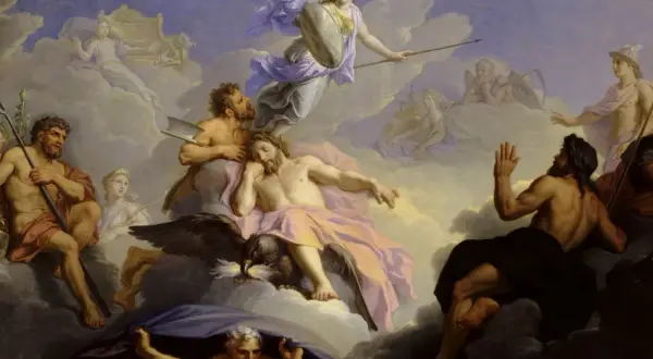 Atena bogini w hełmie i z tarczą unosi się na chmurach, otoczona przez innych bogów i postacie mitologiczne.
