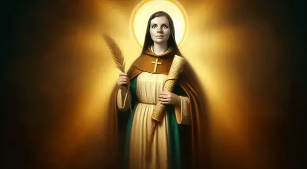 Święta Nadia z gałązką i zwojem, otoczona złotym blaskiem.