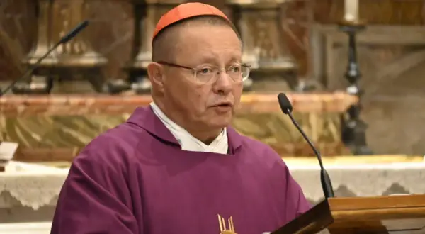 Biskup Ryś, w purpurowej szacie i z czerwoną piuską, przemawia przy mikrofonie, dzieląc się swoimi poglądami.
