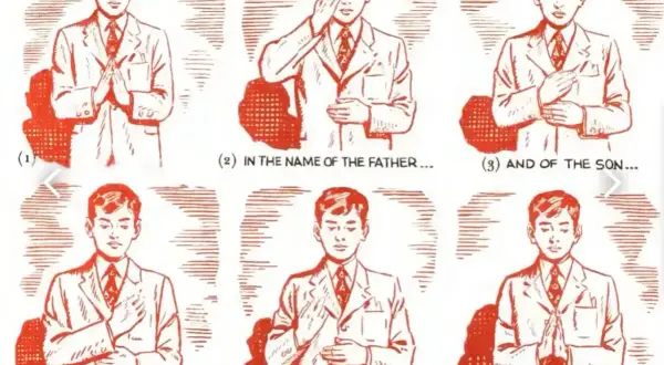 Ilustracja pokazuje chłopca w garniturze, jak uczy się przeżegnać. Kolejne etapy: złożone dłonie, dotknięcie czoła, klatki piersiowej, ramion i zakończenie modlitwy.