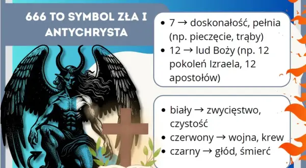 Symbolika liczby 7 w Biblii: doskonałość, pełnia. Obok demon, krzyż i otwarta księga. 666 to symbol zła.