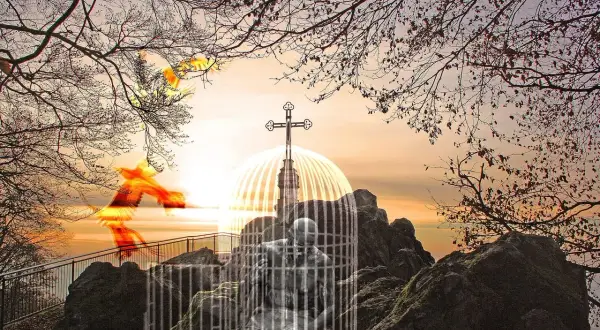 Uwięziony człowiek w klatce, symbolizujący ziemskie troski, podczas gdy ptaki wolności szybują ku niebu. Psalm 49.