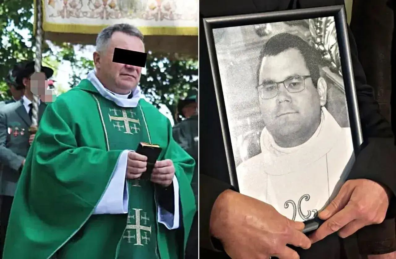 Proboszcz w zielonych szatach trzyma książkę, obok zdjęcie innego księdza.