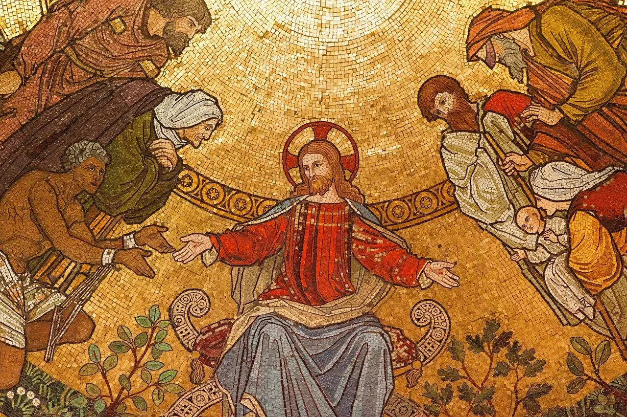 Chrystus z wyciągniętymi ramionami, otoczony ludźmi. Jeden z nich, jak niewierny Tomasz, bada ranę.