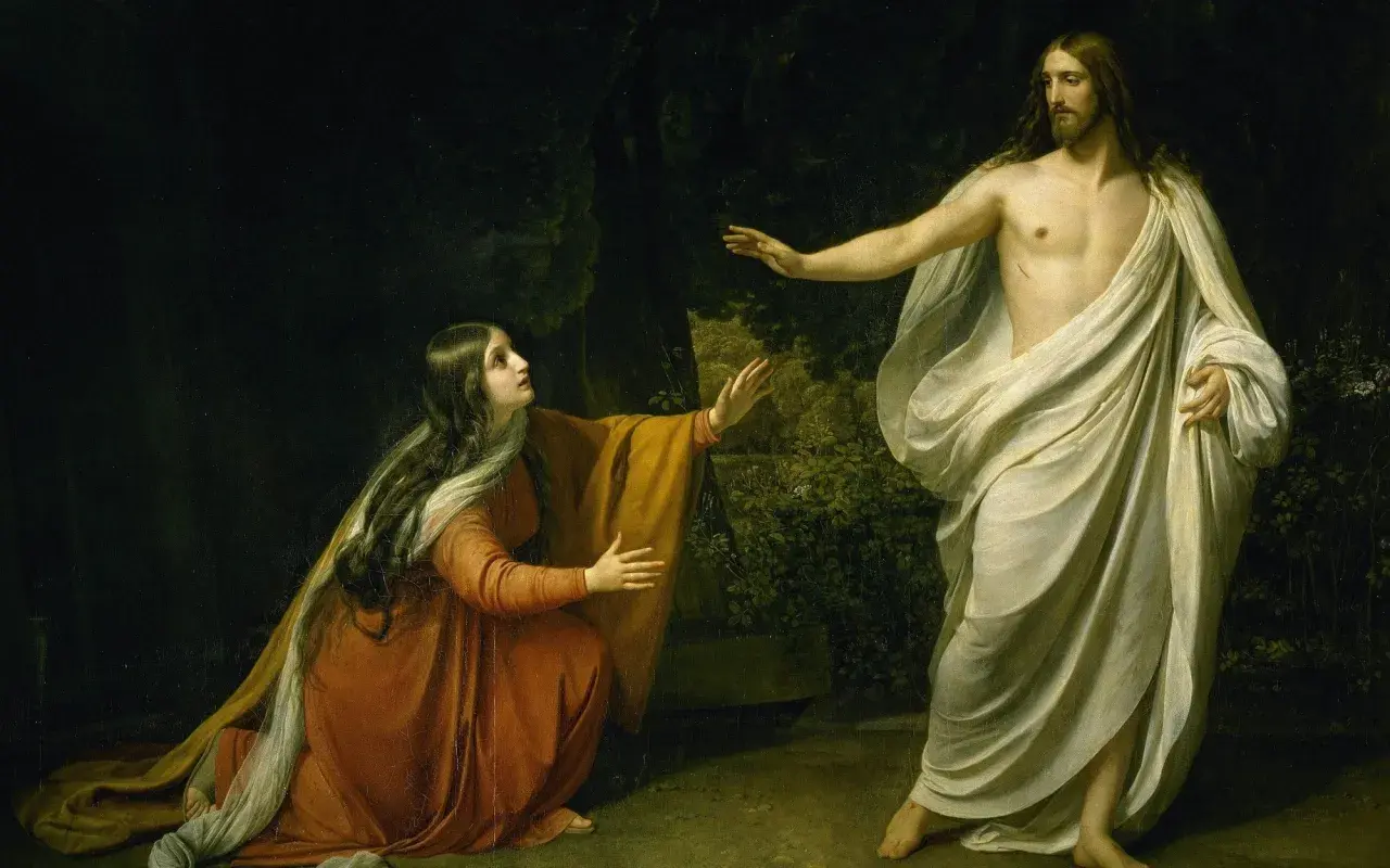 Maria Magdalena klęczy przed zmartwychwstałym Jezusem. Czy Jezus miał żonę? Obraz sugeruje bliską relację, ale niekoniecznie małżeńską.