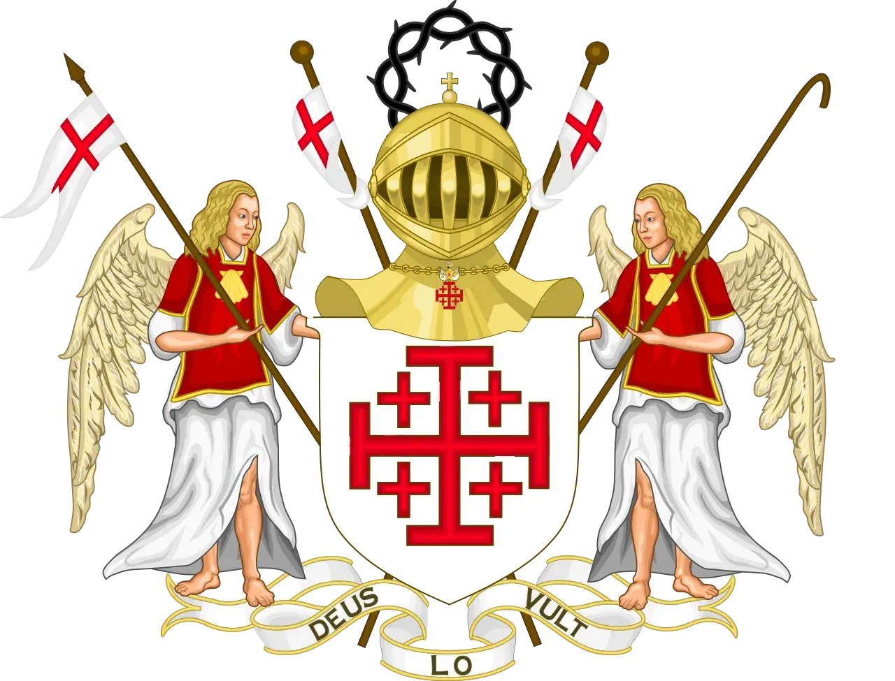 Herb z krzyżem jerozolimskim, dwoma aniołami, hełmem i koroną cierniową.