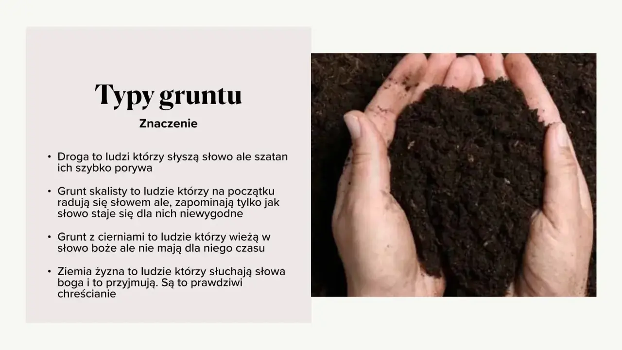 Dłonie trzymają ziemię, symbolizującą przypowieść o talentach biblijnych i różne rodzaje gruntu.