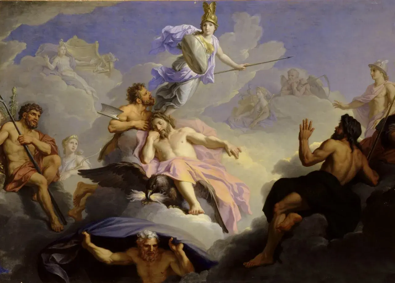 Atena bogini w hełmie i z tarczą unosi się na chmurach, otoczona przez innych bogów i postacie mitologiczne.