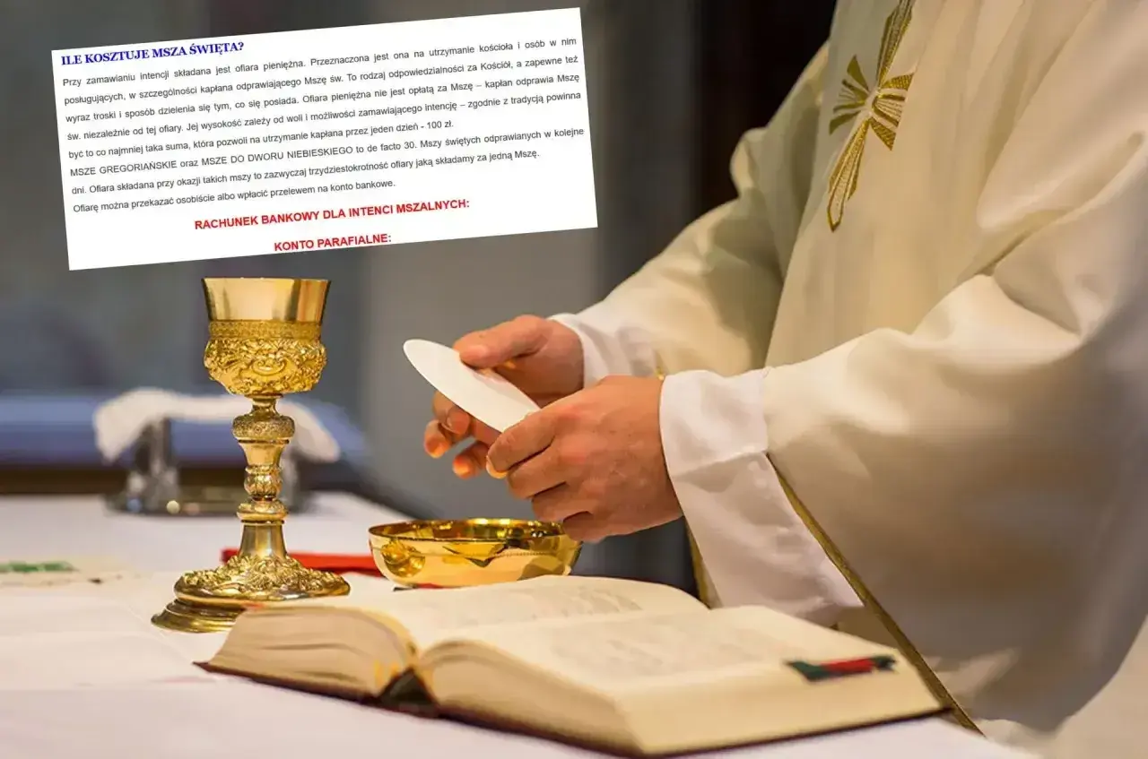 Kapłan przygotowuje się do mszy, trzymając hostię. Na stole leży księga i kielich. Tekst informuje, ile trwa msza pogrzebowa i ile wynosi ofiara.