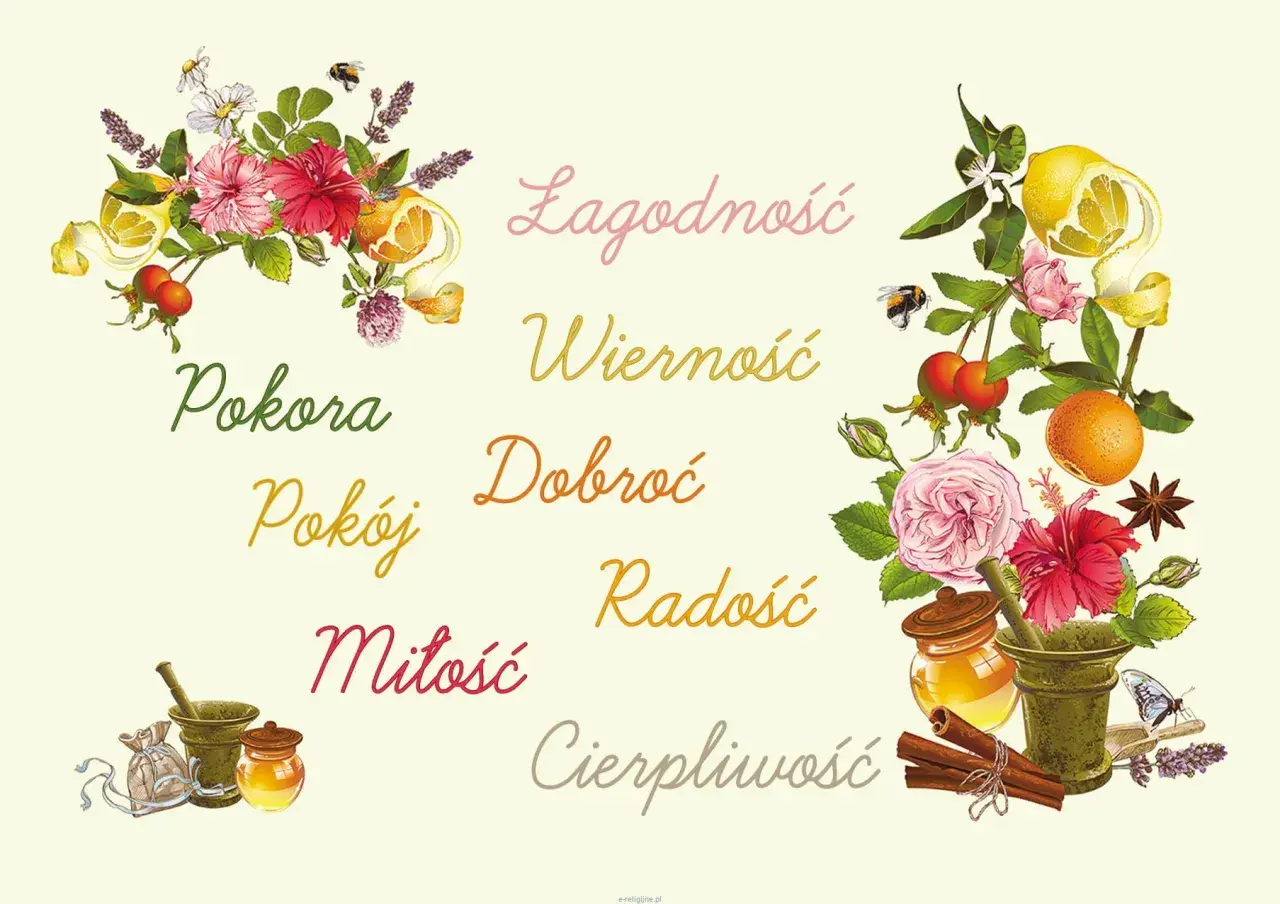 Kwiaty, owoce i pszczoły symbolizują owoce Ducha Świętego: łagodność, wierność, dobroć, pokorę, pokój, miłość, radość i cierpliwość.