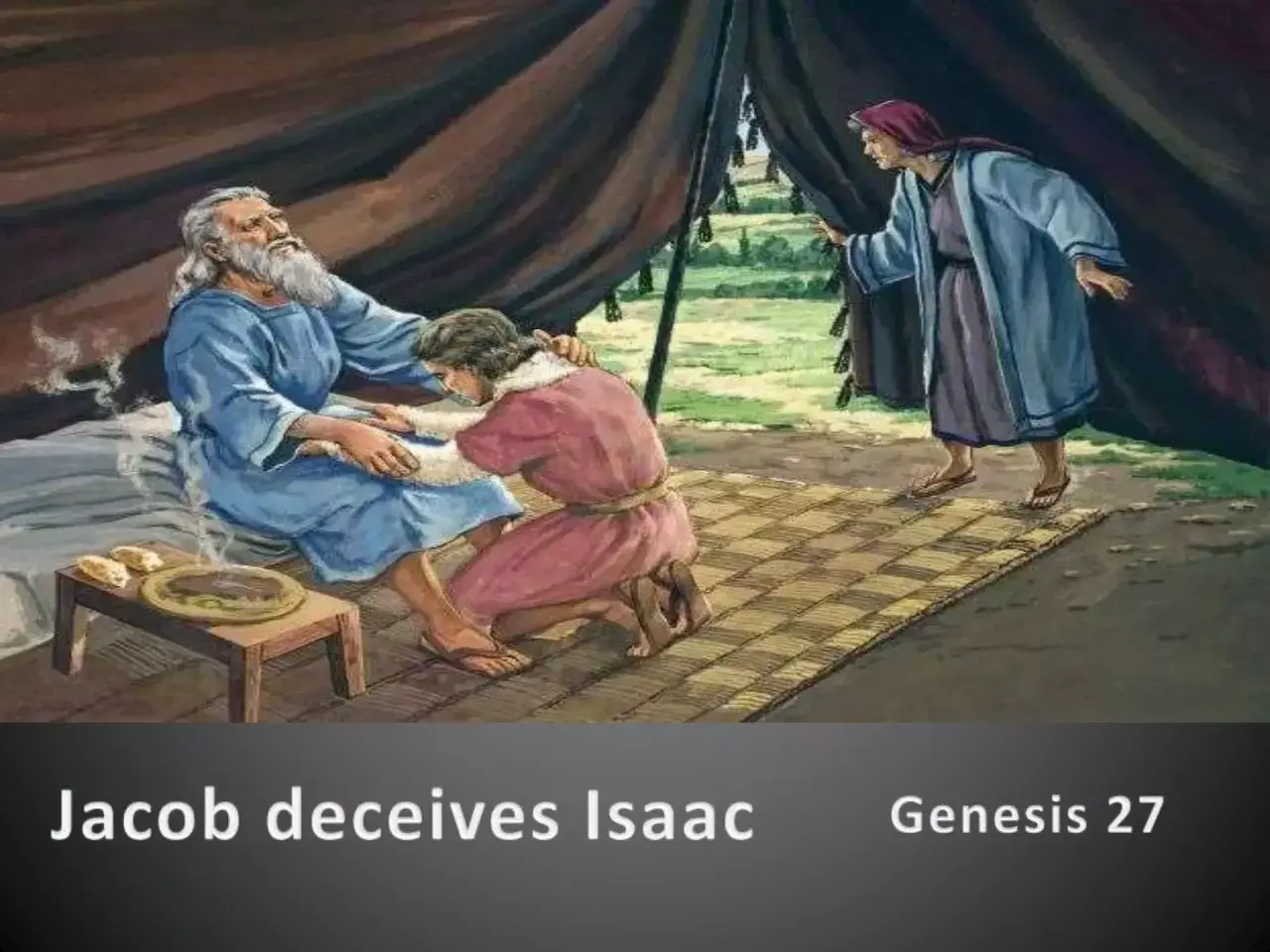 Ojciec Ezawa i Jakuba, Izaak, leży w łóżku, gdy Jakub klęczy przy nim. Rebeka obserwuje zza zasłony.