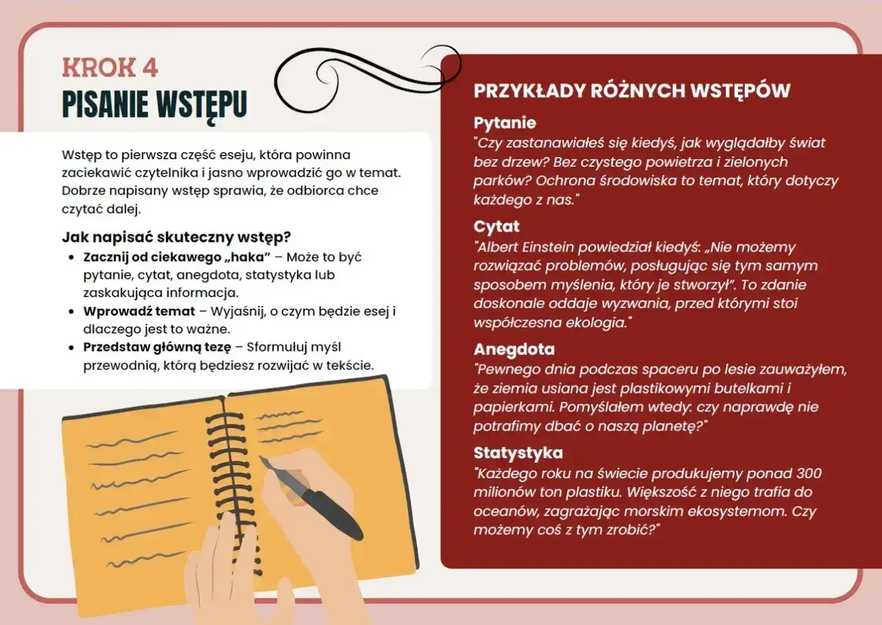 Jak czytać pismo święte? Poradnik pisania wstępu do eseju: zacznij od haka, wprowadź temat i przedstaw tezę. Przykłady wstępów: pytanie, cytat, anegdota, statystyka.