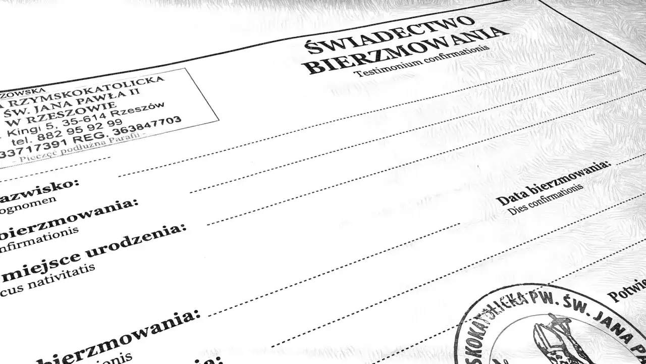 Świadectwo bierzmowania z danymi parafii w Rzeszowie. Dokument zawiera pola na nazwisko, datę i miejsce bierzmowania.