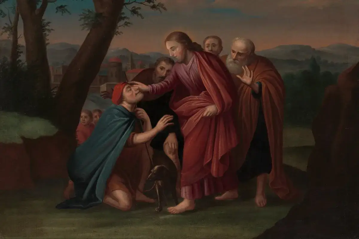 Jezus uzdrawia niewidomego, ukazując cuda Jezusa. Obok stoją inni ludzie, a w tle widać miasto i drzewa.