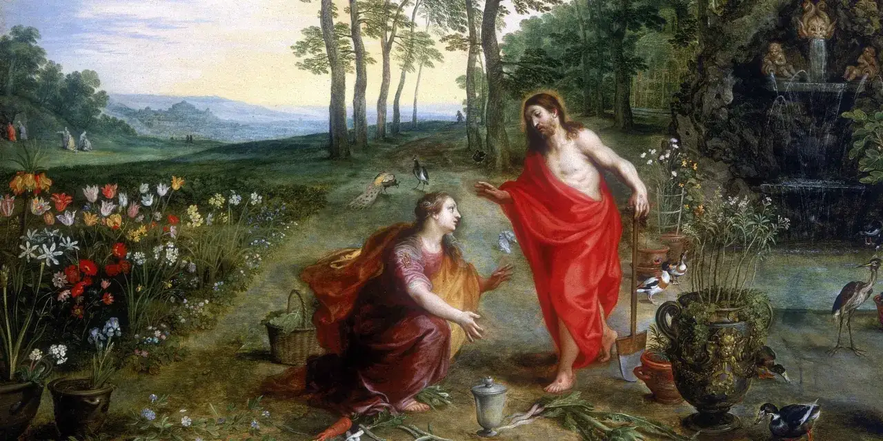 Jezus w czerwonej szacie spotyka Marię Magdalenę w ogrodzie. Scena sugeruje, czy Jezus miał żonę, choć obraz nie daje jednoznacznej odpowiedzi.