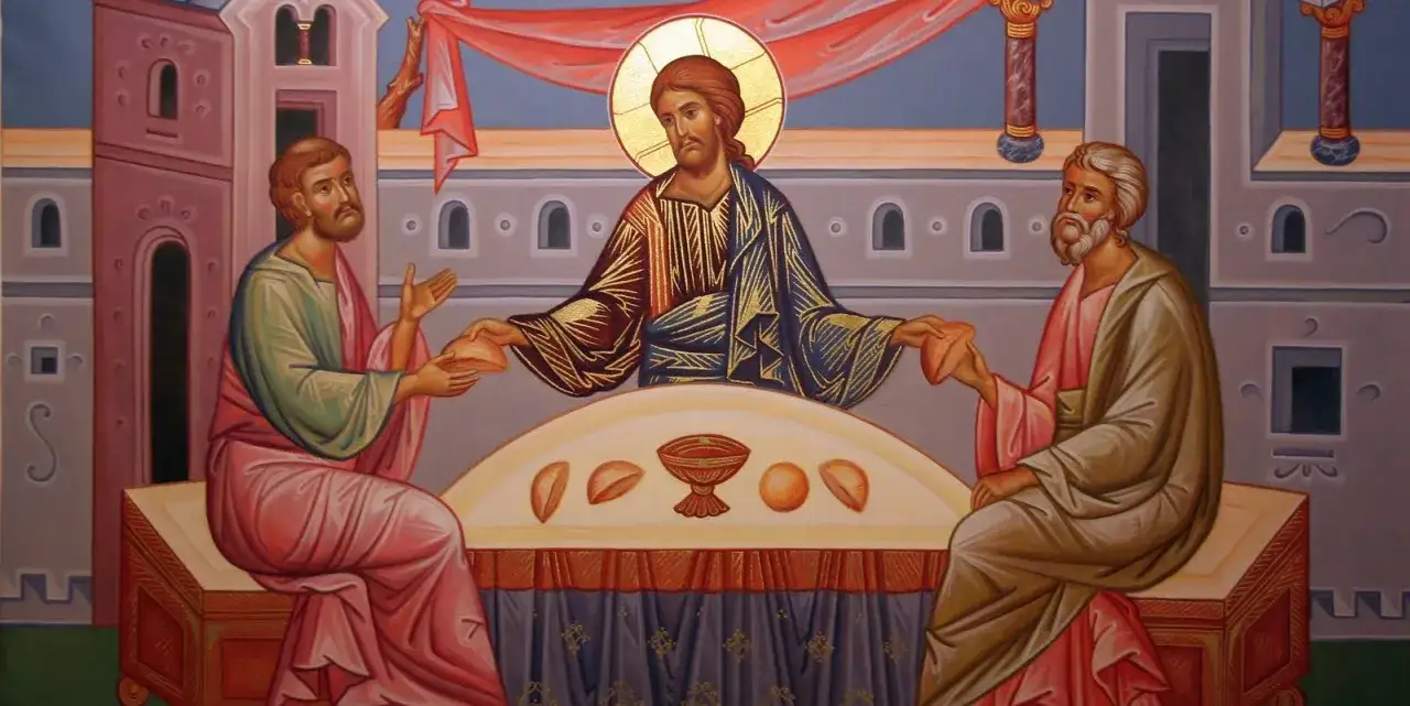 Droga do Emaus: Jezus przy łamaniu chleba z dwoma uczniami.