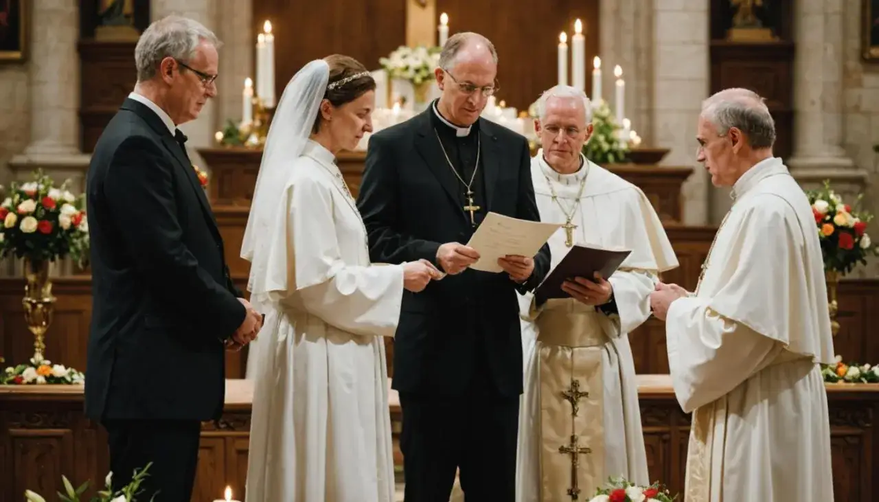 Ceremonia ślubna w kościele. Czy bierzmowanie jest potrzebne do ślubu? Pytanie zadane przez księdza do pary młodej.